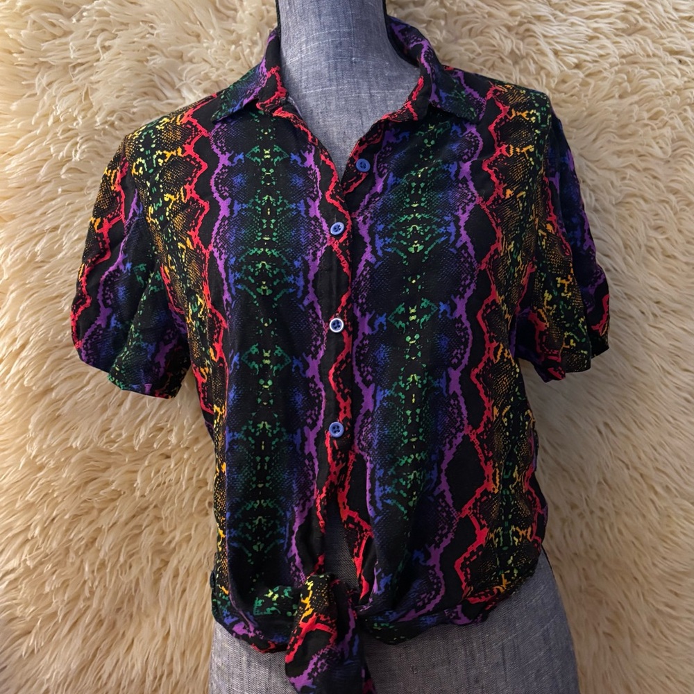 Spencer’s Rainbow Snakeskin Button Down Crop Top XL